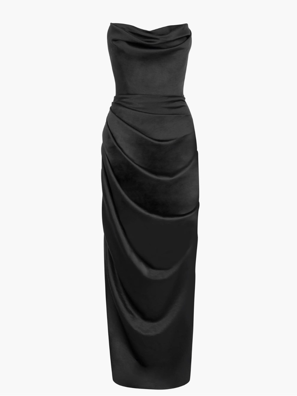 House of CB Adrienne Black Satin Strapless Corset Maxi Dress Formal - Picture 7 of 9
